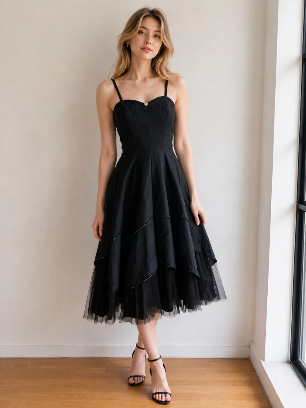 Vintage 60s Black Goth Crinoline Detail Sequin Accent Midi Cocktail Dress M